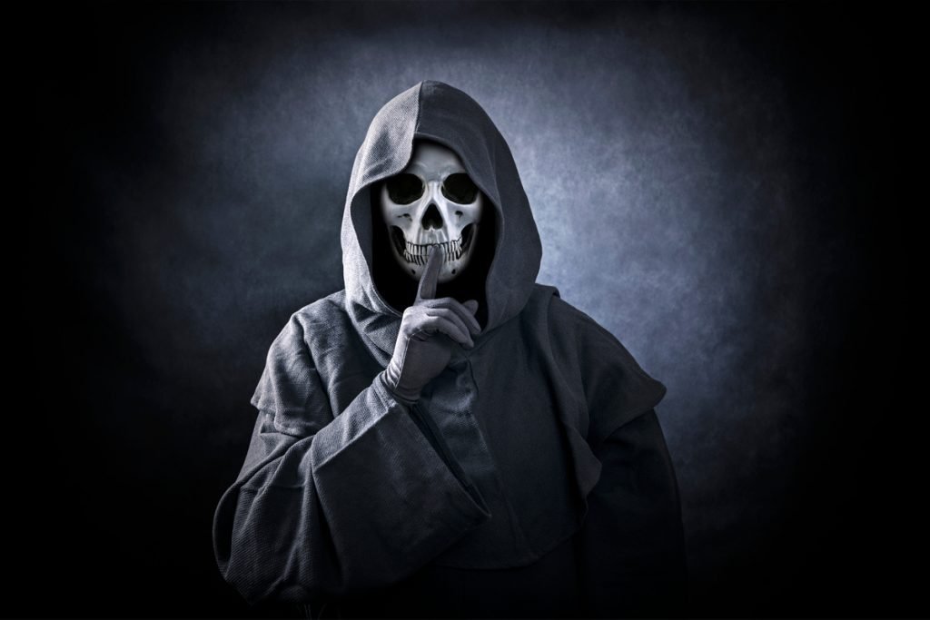 Camping Actitivities for Adults - Ghost Stories - Grim reaper with finger to lips