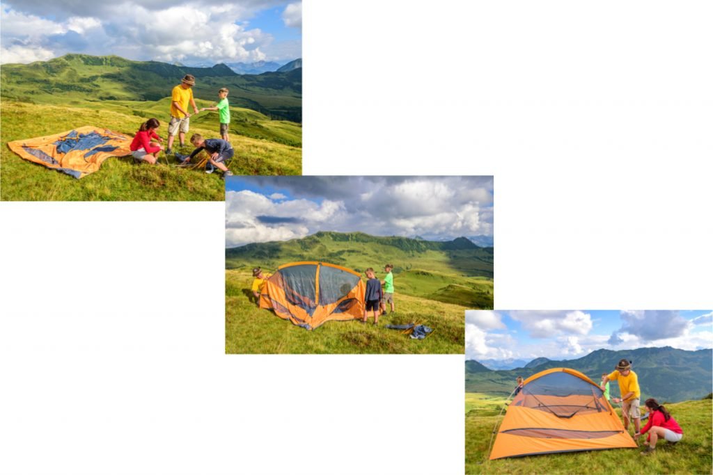 3 images showing a family easily pitching a dome tent