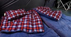 Roomy, warm sleeping bags on queen sized air mattress - great for warm, comfortable sleeping