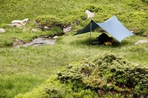 Ultralight tarp rigged as a non-freestanding shelter